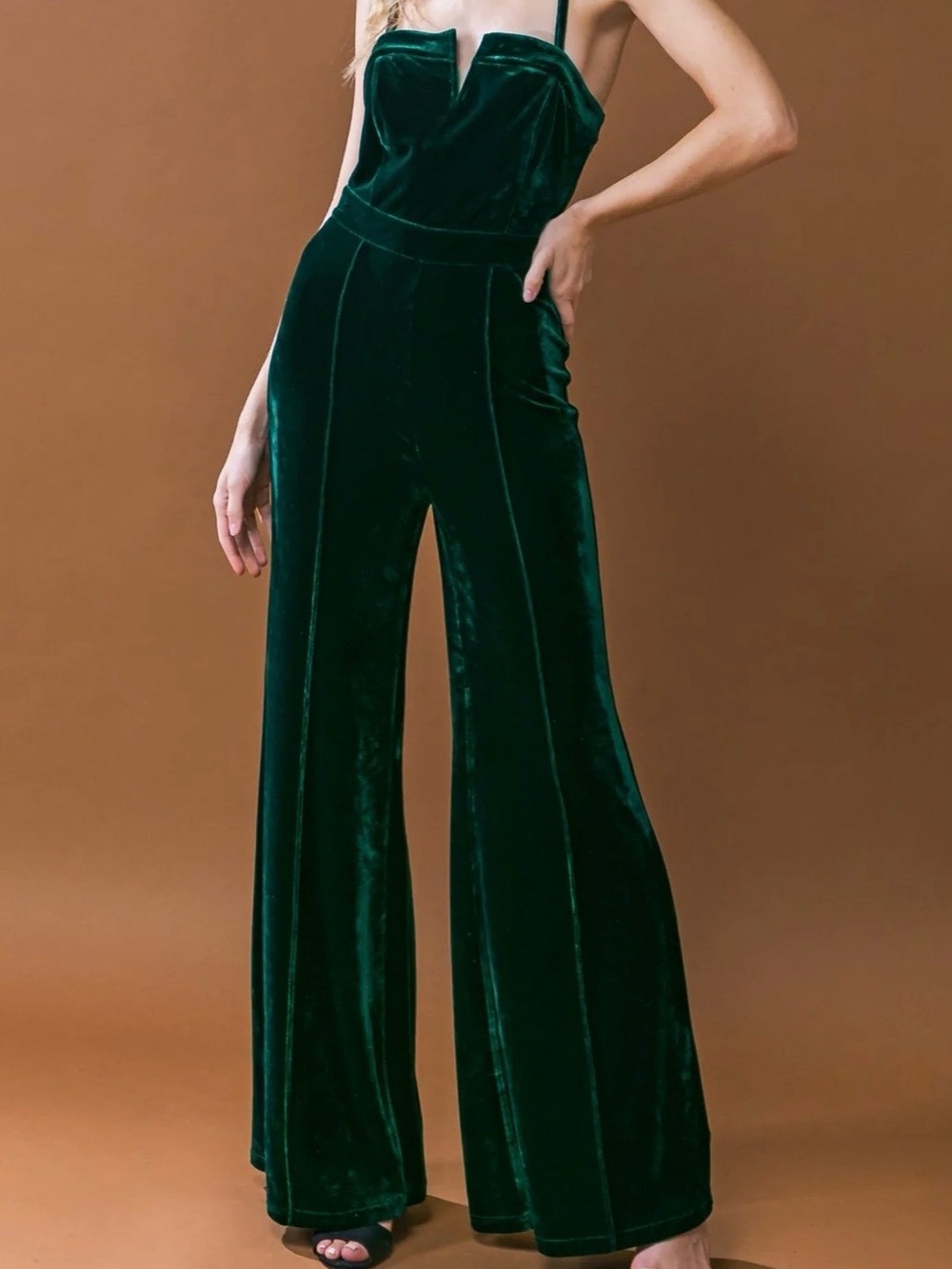 Flying Tomato Emerald Velvet Wide-Leg Jumpsuit